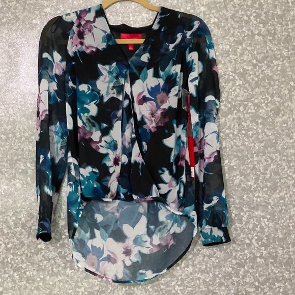 Jennifer Lopez long sleeve Drape Front high low floral Blouse Top Extra Small - Picture 2 of 8